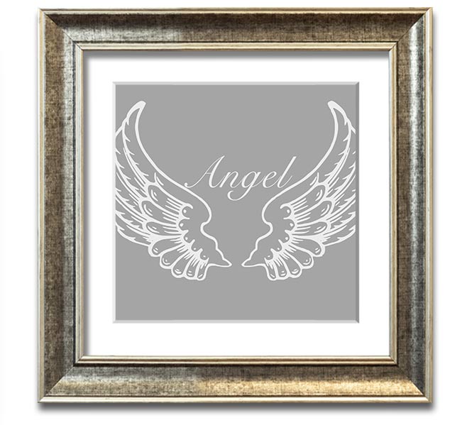 A beautifully framed square print of angel wings in grey and white, showcasing elegant design and craftsmanship.