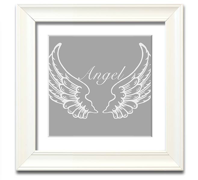 A beautifully framed square print of angel wings in grey and white, showcasing elegant design and craftsmanship.