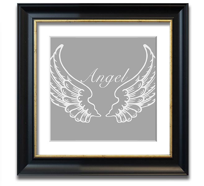 A beautifully framed square print of angel wings in grey and white, showcasing elegant design and craftsmanship.