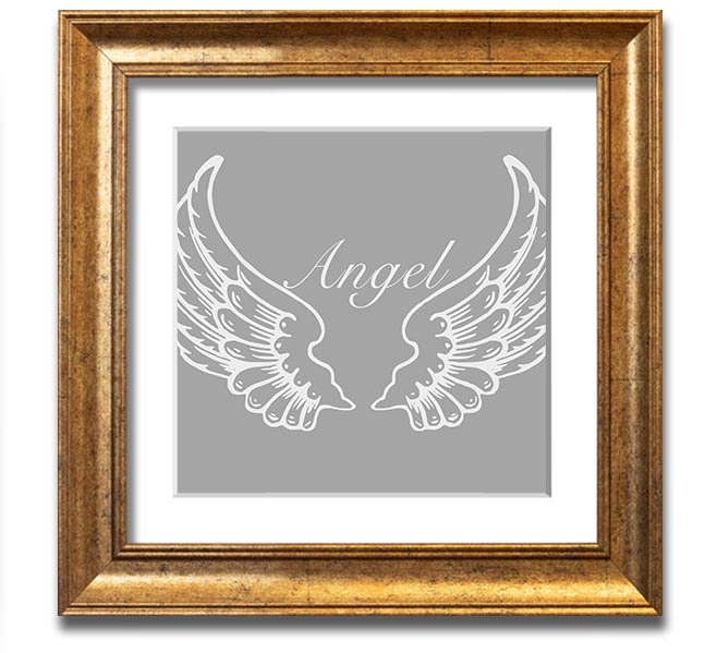 A beautifully framed square print of angel wings in grey and white, showcasing elegant design and craftsmanship.