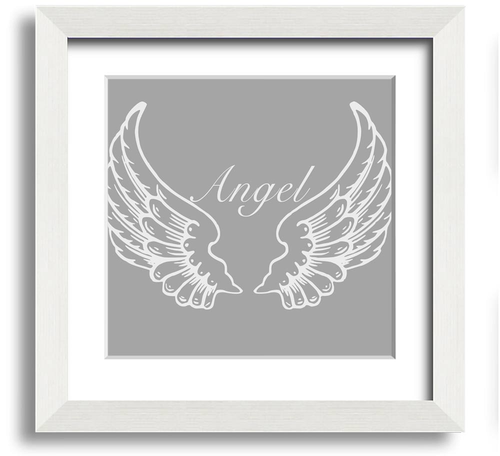 A beautifully framed square print of angel wings in grey and white, showcasing elegant design and craftsmanship.