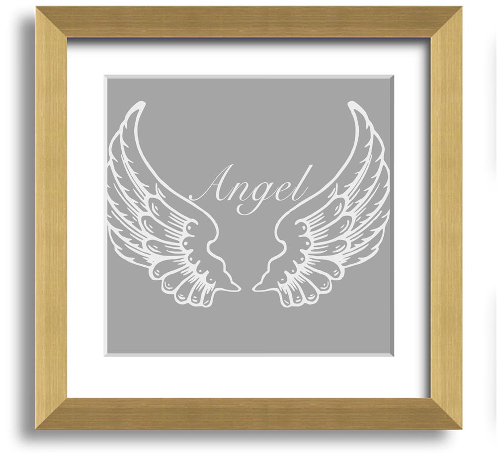 A beautifully framed square print of angel wings in grey and white, showcasing elegant design and craftsmanship.