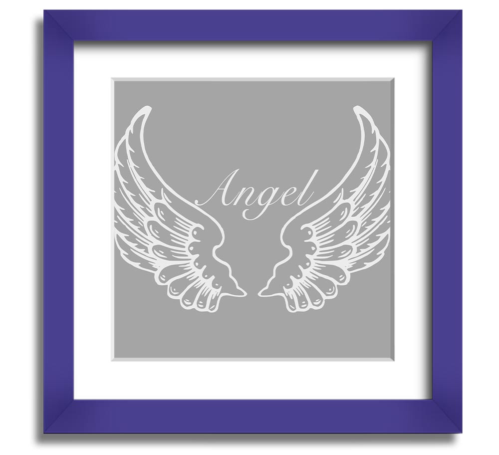 A beautifully framed square print of angel wings in grey and white, showcasing elegant design and craftsmanship.