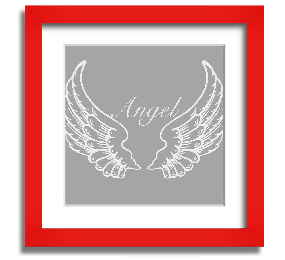 A beautifully framed square print of angel wings in grey and white, showcasing elegant design and craftsmanship.