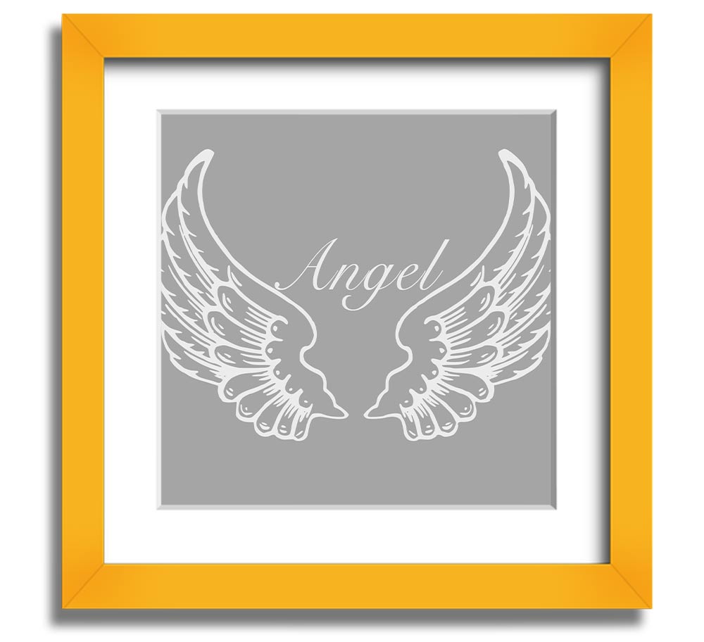 A beautifully framed square print of angel wings in grey and white, showcasing elegant design and craftsmanship.