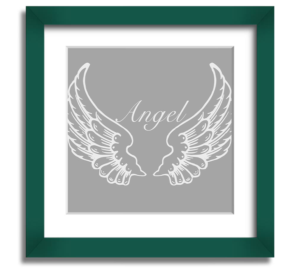 A beautifully framed square print of angel wings in grey and white, showcasing elegant design and craftsmanship.