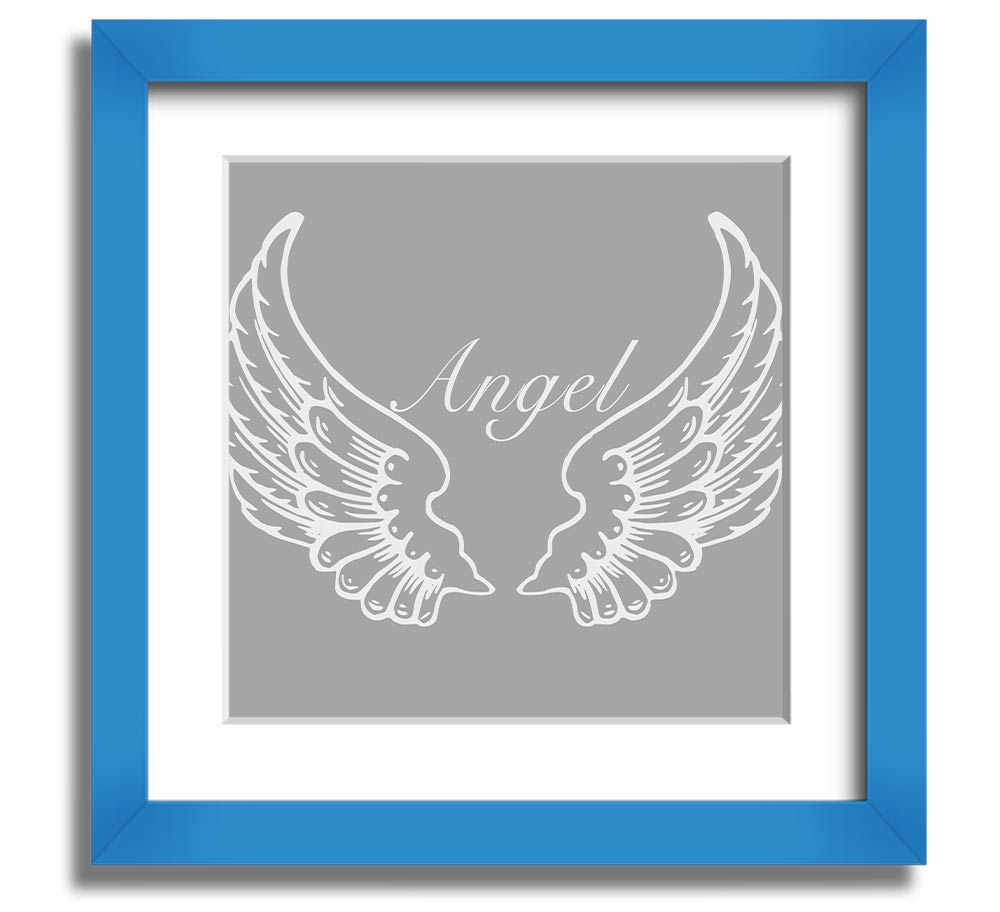 A beautifully framed square print of angel wings in grey and white, showcasing elegant design and craftsmanship.