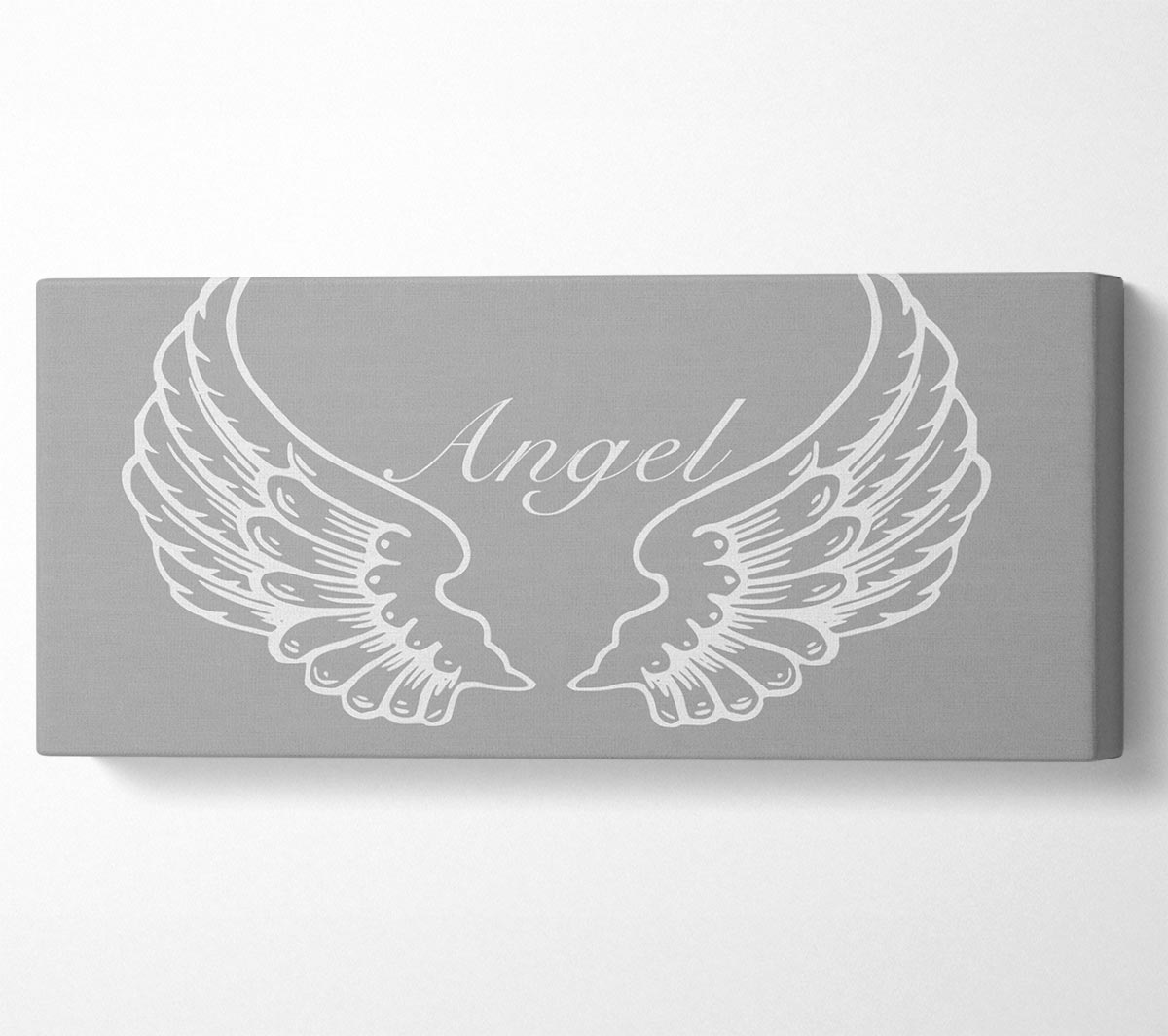 Angel Wings Grey White canvas art mounted on a box frame, featuring a beautiful grey and white design.