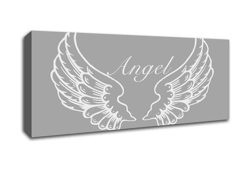 Angel Wings Grey White canvas art mounted on a box frame, featuring a beautiful grey and white design.