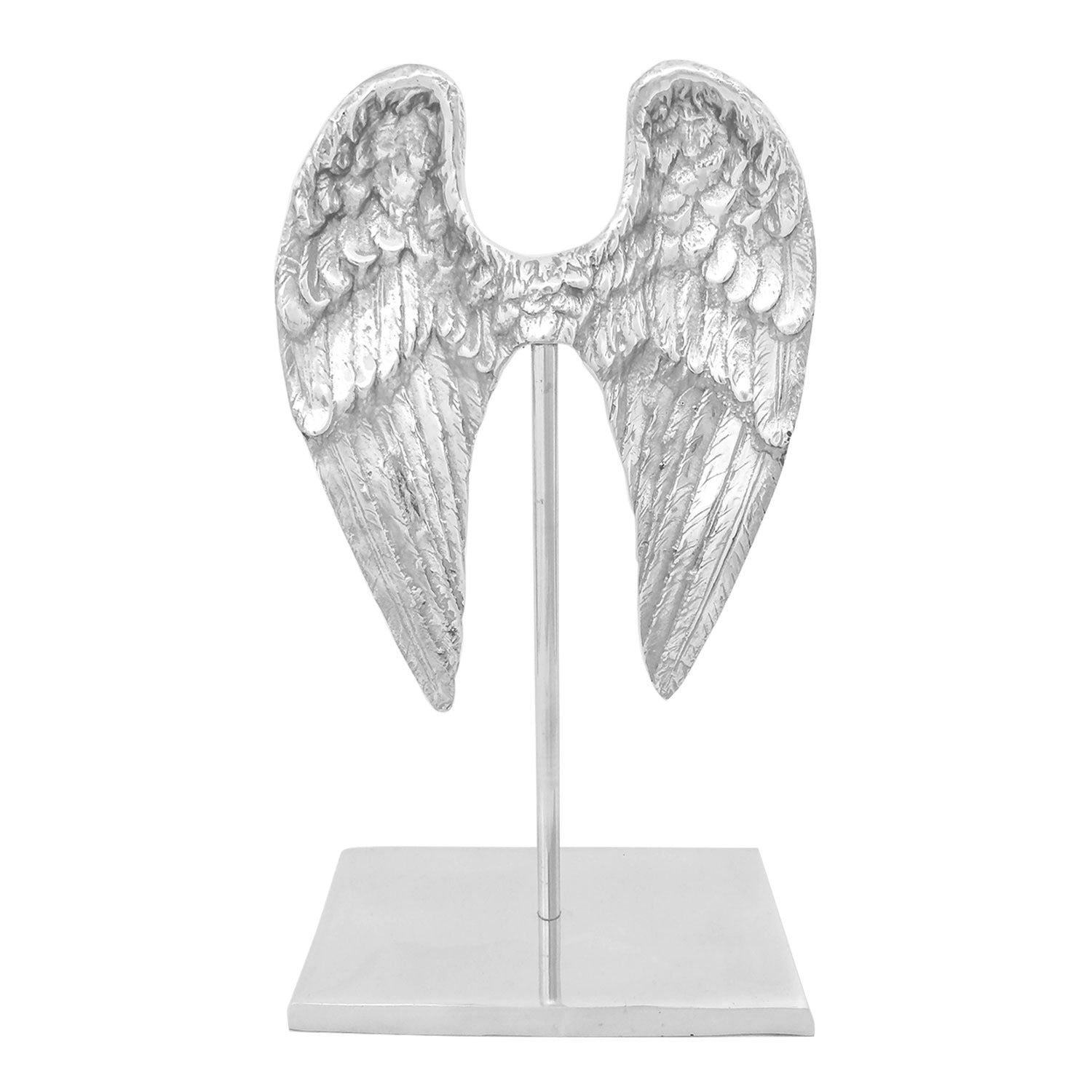 Elegant silvery angel wings sculpture made from recycled aluminum, perfect for modern home decor.