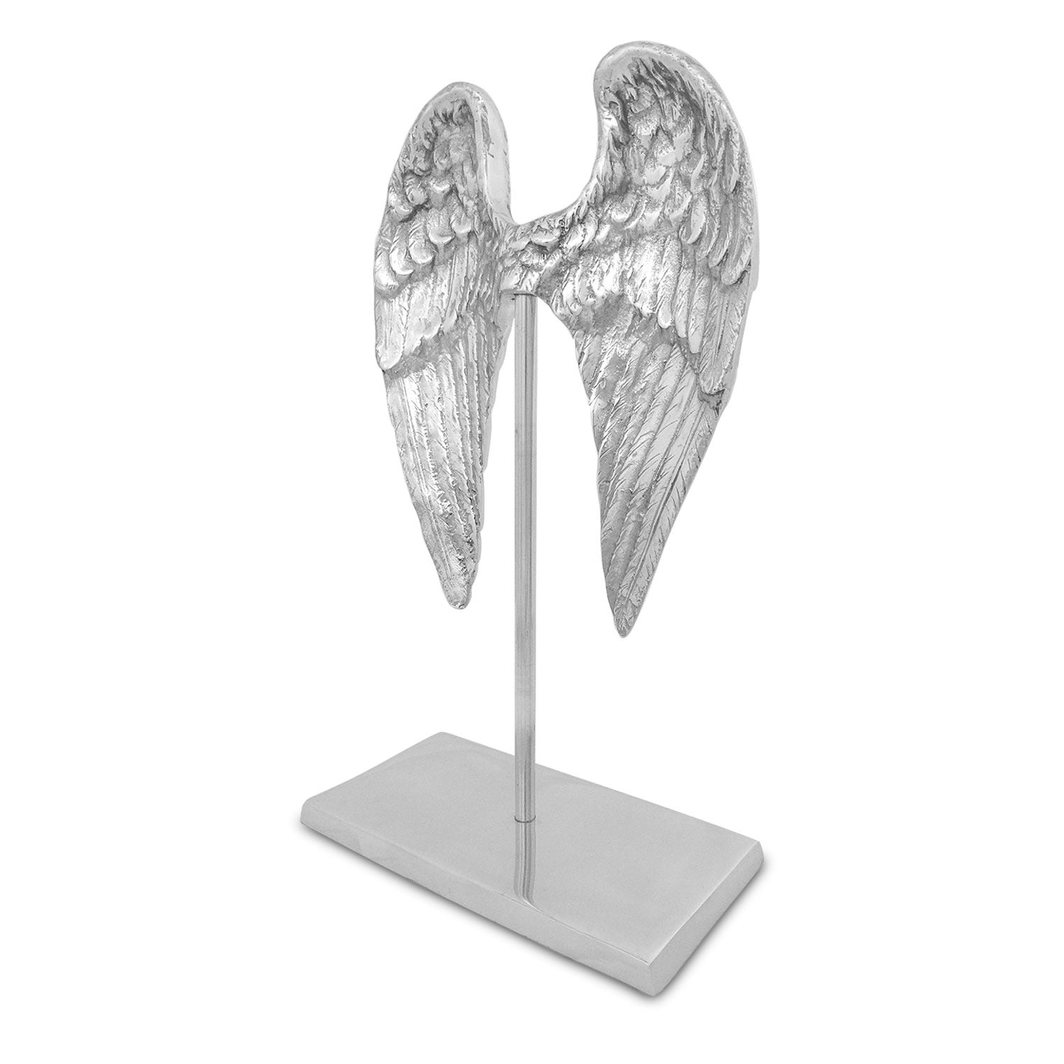 Elegant silvery angel wings sculpture made from recycled aluminum, perfect for modern home decor.