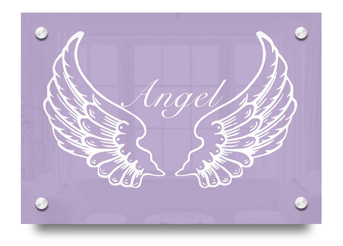 Acrylic print of angel wings in lilac color, showcasing vibrant hues and a modern design, perfect for wall decor.