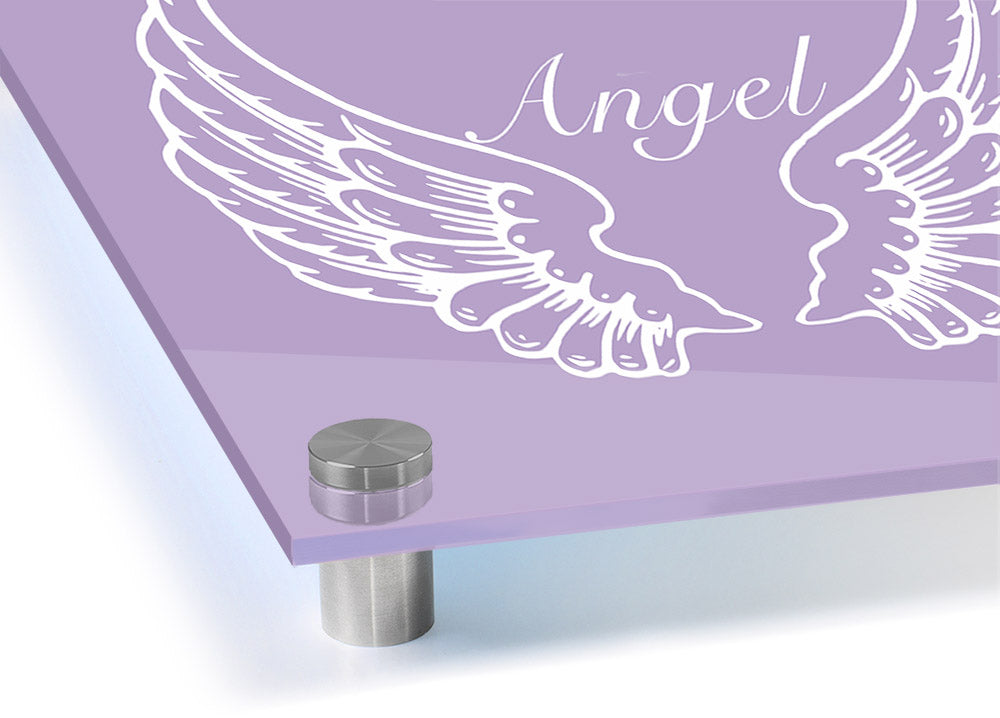 Acrylic print of angel wings in lilac color, showcasing vibrant hues and a modern design, perfect for wall decor.