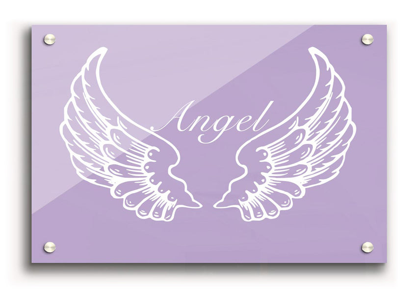 Acrylic print of angel wings in lilac color, showcasing vibrant hues and a modern design, perfect for wall decor.