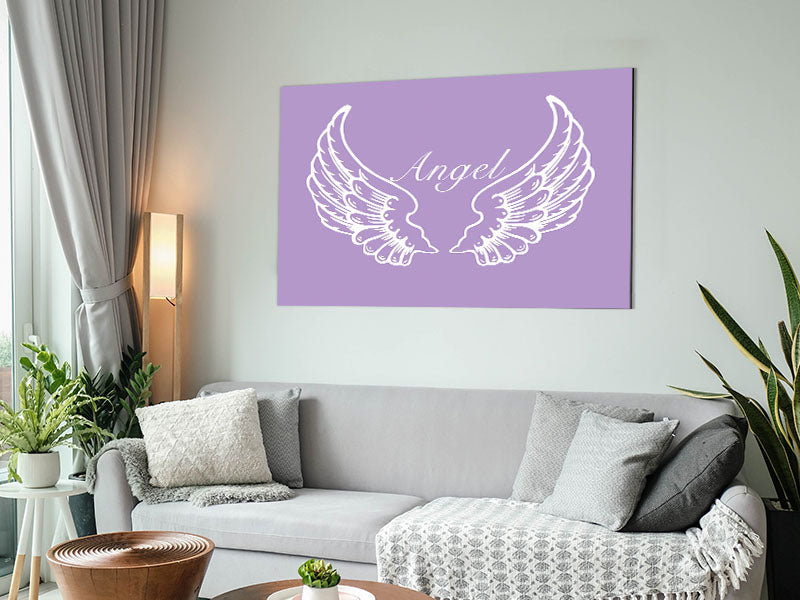 Angel Wings Lilac artwork printed on brushed aluminium dibond, showcasing vibrant lilac colors and modern design.