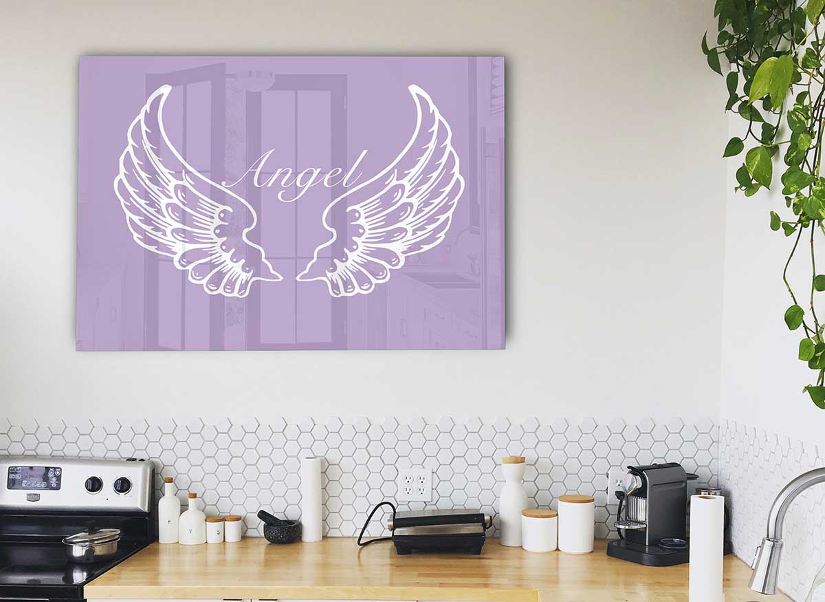 Angel Wings Lilac glass print featuring delicate lilac angel wings design, perfect for modern decor.