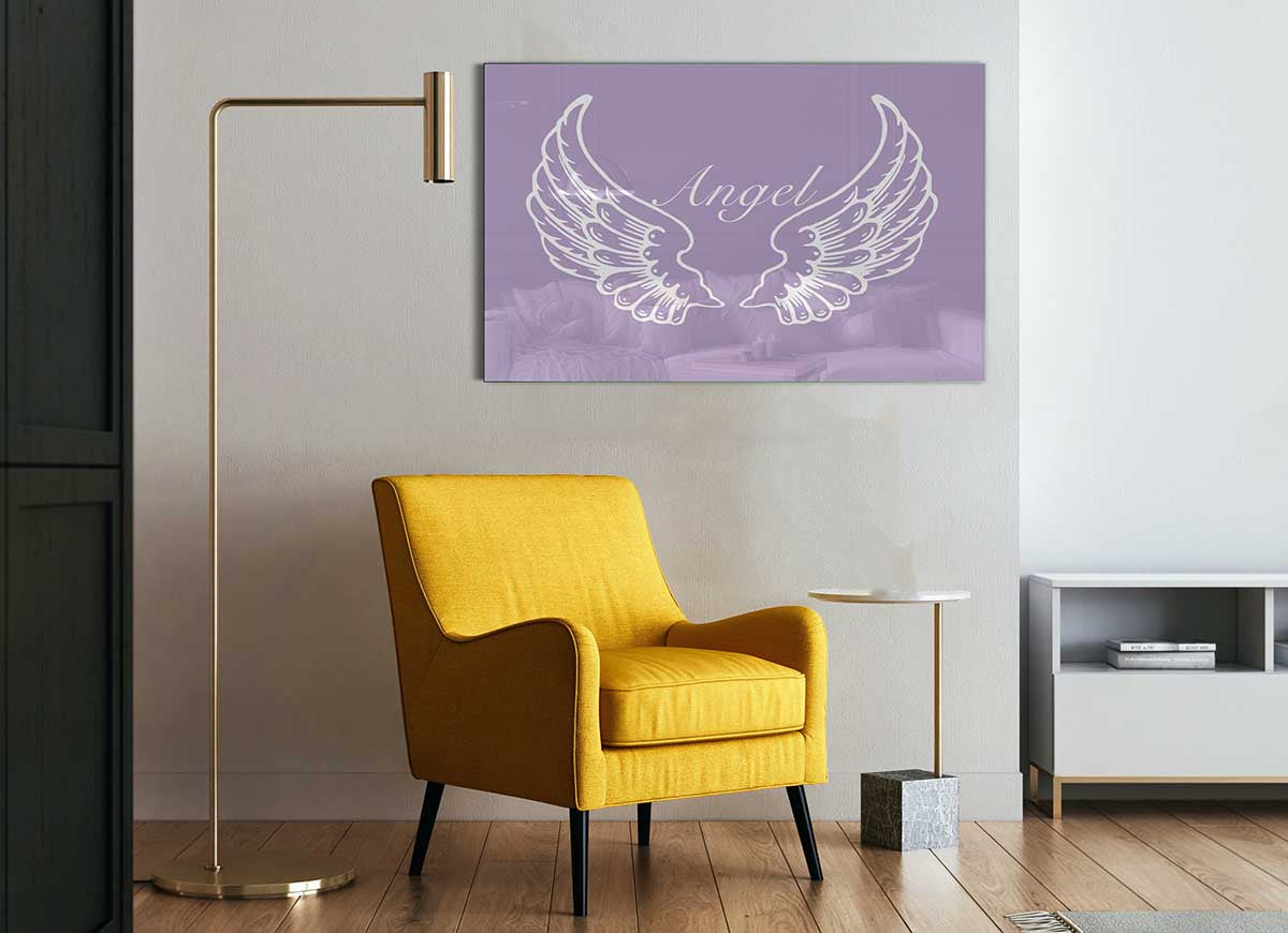 Angel Wings Lilac glass print featuring delicate lilac angel wings design, perfect for modern decor.