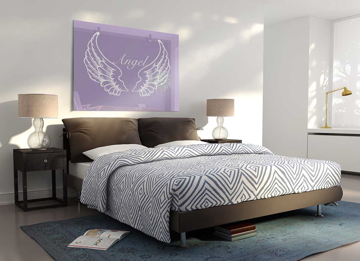 Angel Wings Lilac glass print featuring delicate lilac angel wings design, perfect for modern decor.