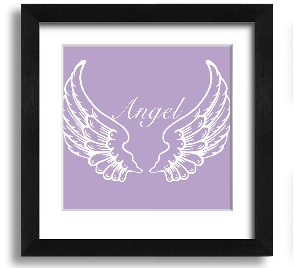 A square framed print featuring delicate lilac angel wings, elegantly displayed in a stylish frame.