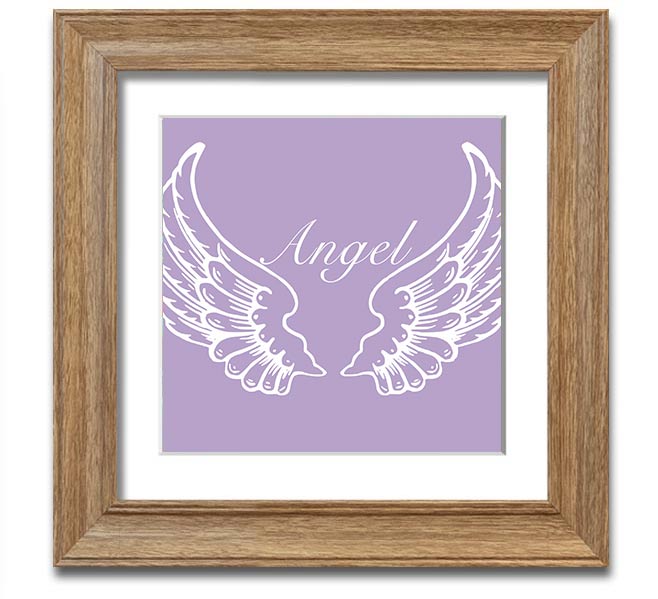 A square framed print featuring delicate lilac angel wings, elegantly displayed in a stylish frame.