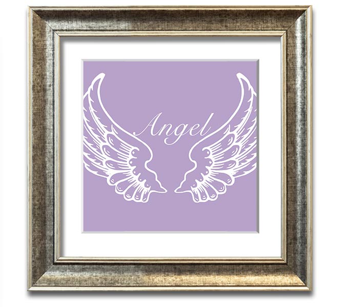 A square framed print featuring delicate lilac angel wings, elegantly displayed in a stylish frame.