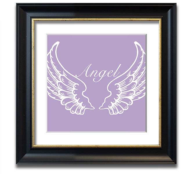 A square framed print featuring delicate lilac angel wings, elegantly displayed in a stylish frame.