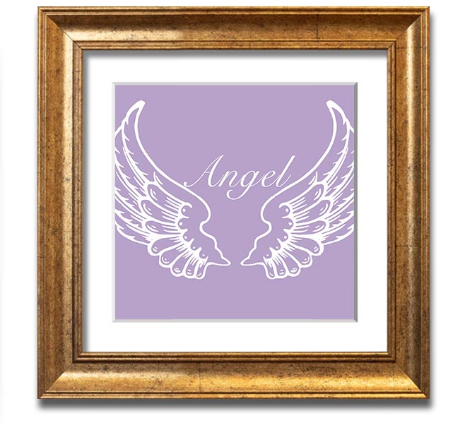 A square framed print featuring delicate lilac angel wings, elegantly displayed in a stylish frame.