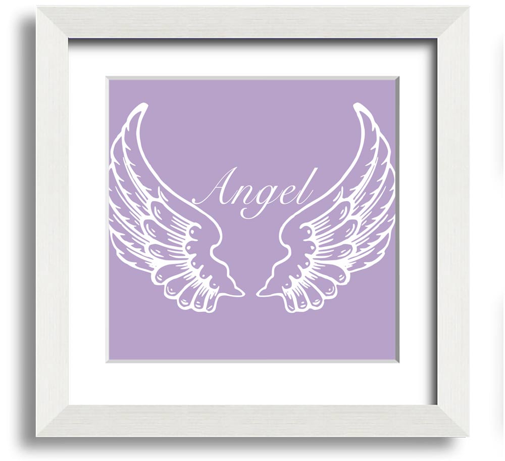 A square framed print featuring delicate lilac angel wings, elegantly displayed in a stylish frame.