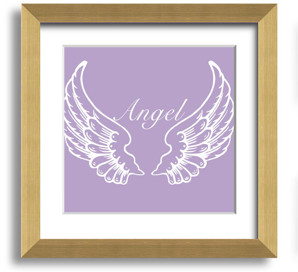 A square framed print featuring delicate lilac angel wings, elegantly displayed in a stylish frame.