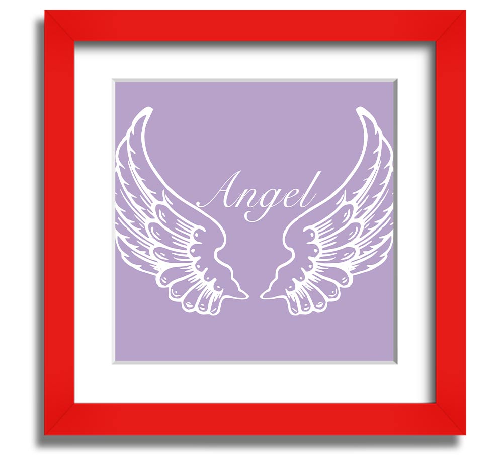 A square framed print featuring delicate lilac angel wings, elegantly displayed in a stylish frame.