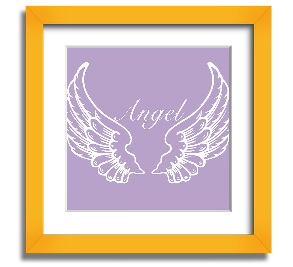 A square framed print featuring delicate lilac angel wings, elegantly displayed in a stylish frame.