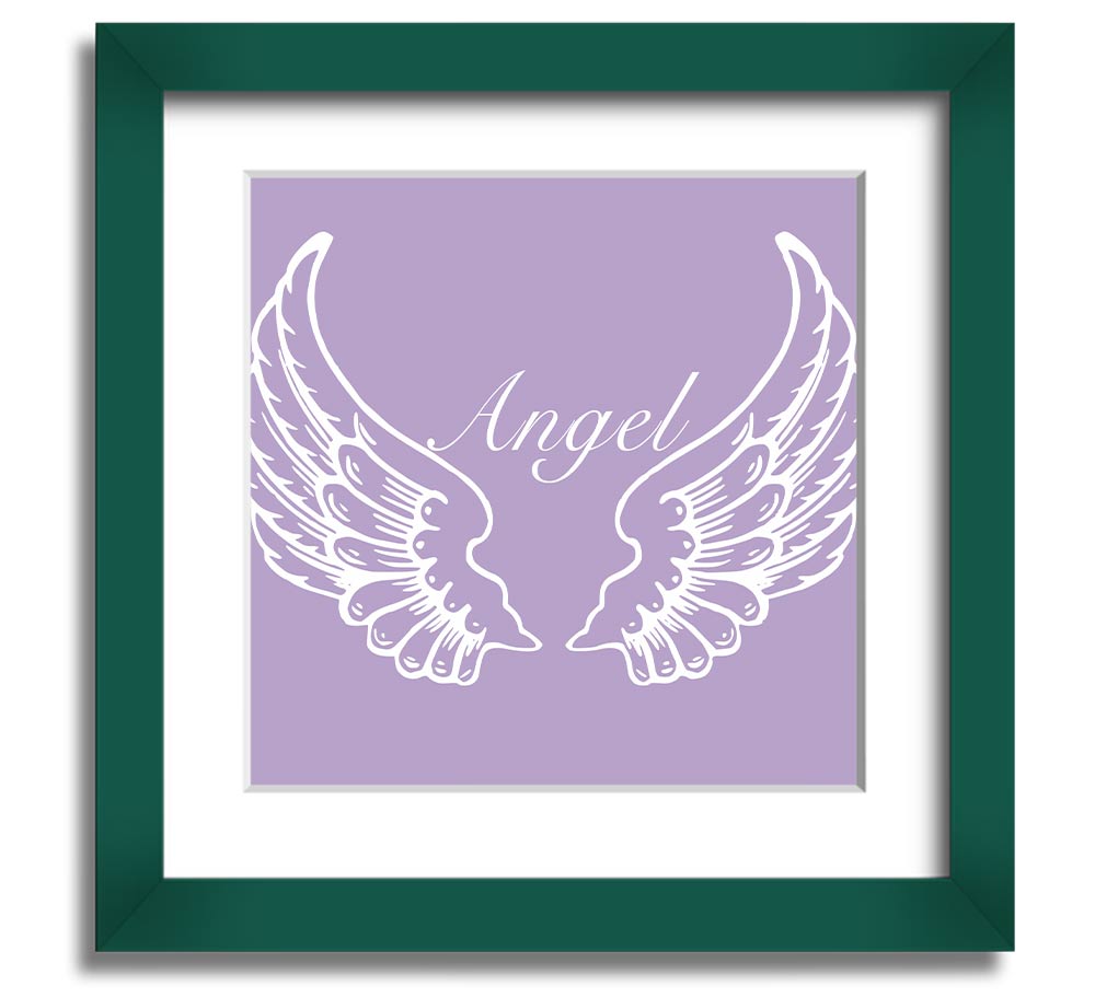 A square framed print featuring delicate lilac angel wings, elegantly displayed in a stylish frame.