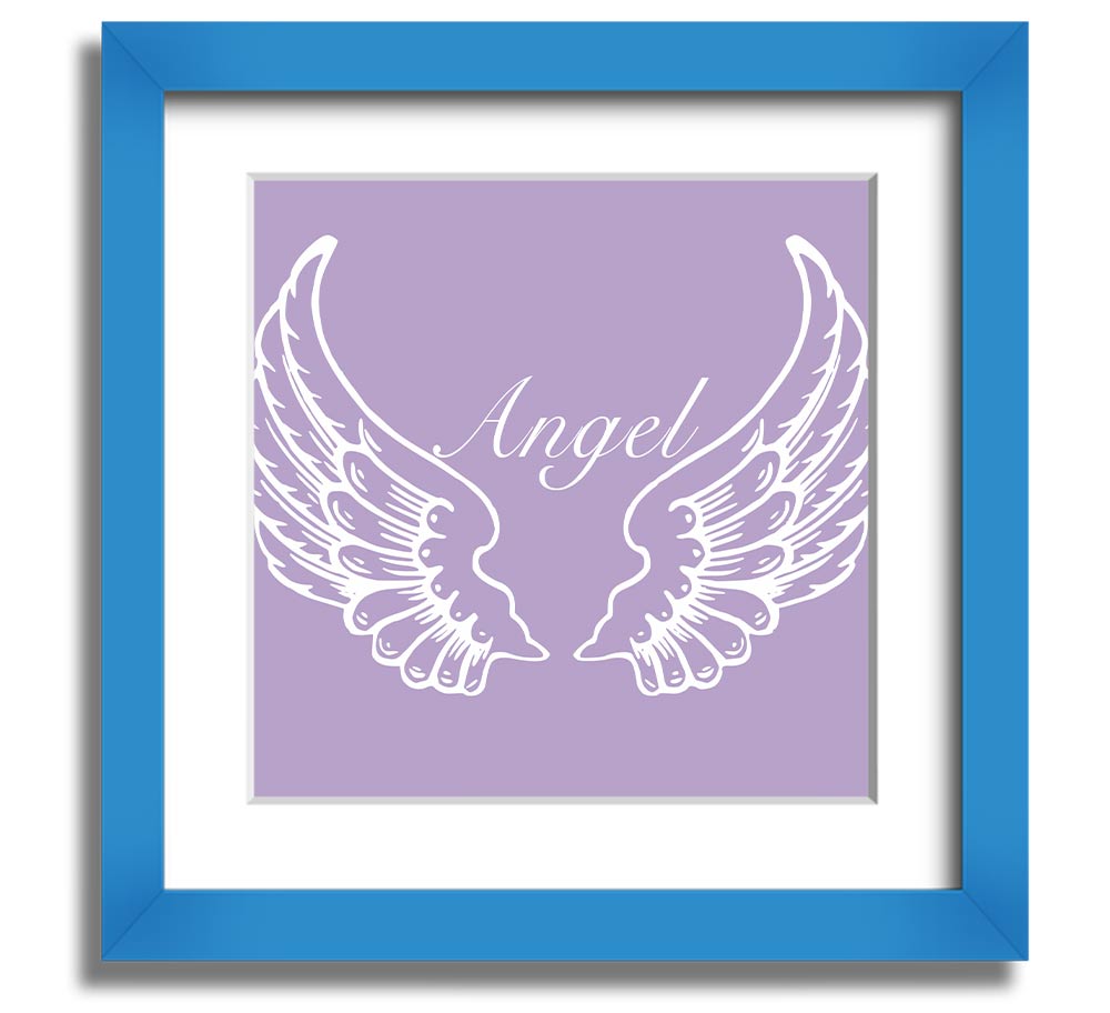 A square framed print featuring delicate lilac angel wings, elegantly displayed in a stylish frame.