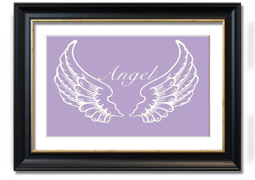 Framed print of delicate lilac angel wings, handmade in the UK, ready to hang.