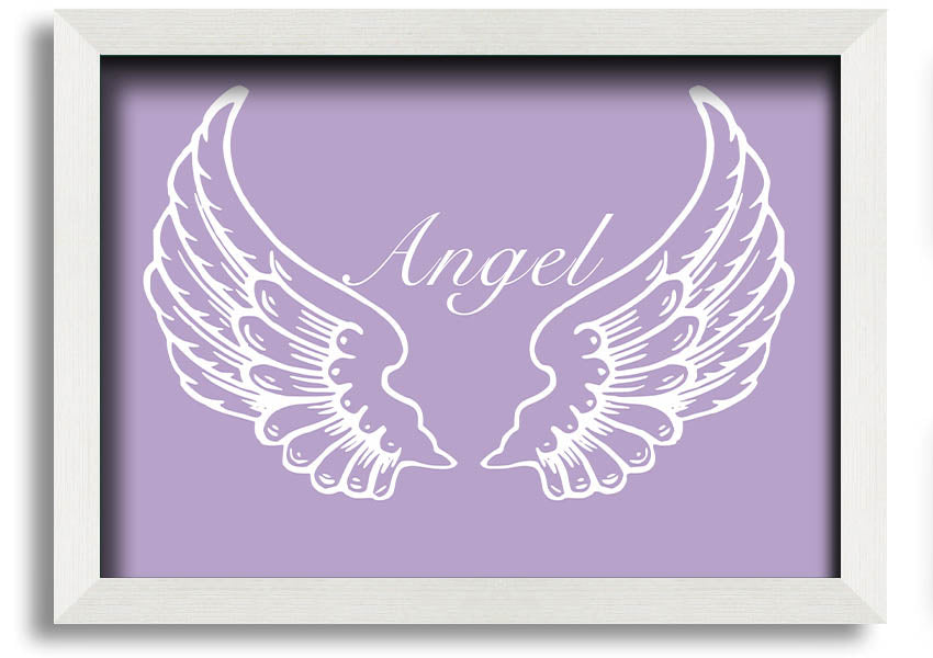 Framed print of delicate lilac angel wings, handmade in the UK, ready to hang.