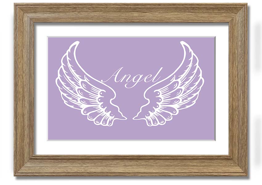 Framed print of delicate lilac angel wings, handmade in the UK, ready to hang.