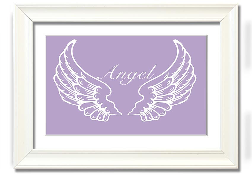 Framed print of delicate lilac angel wings, handmade in the UK, ready to hang.