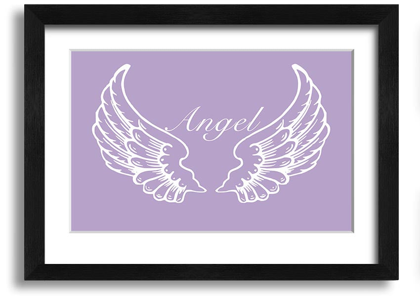 Framed print of delicate lilac angel wings, handmade in the UK, ready to hang.