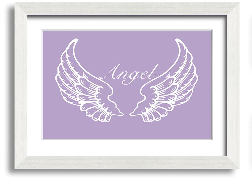 Framed print of delicate lilac angel wings, handmade in the UK, ready to hang.