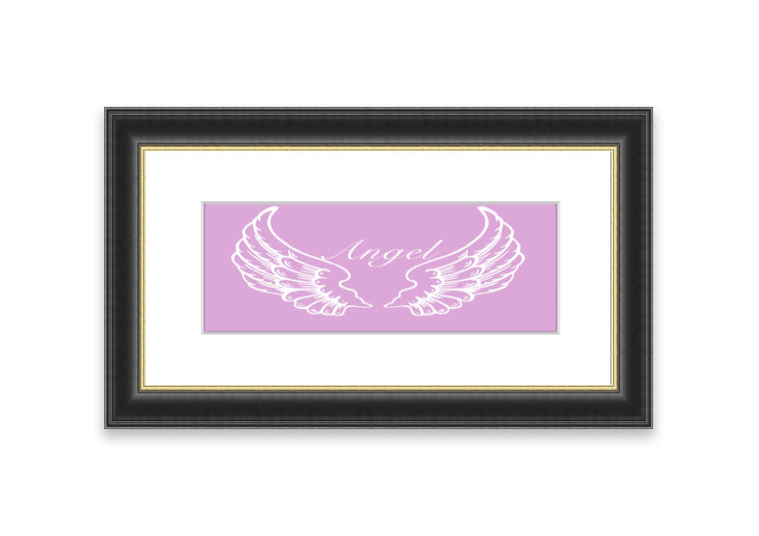 Framed print of delicate pink angel wings, elegantly designed and ready to hang.