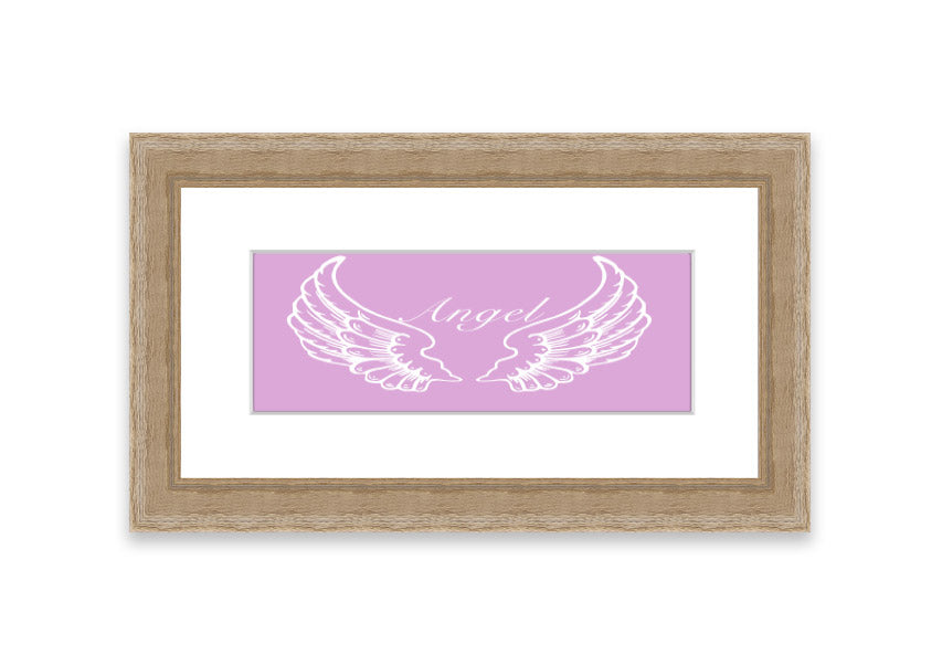 Framed print of delicate pink angel wings, elegantly designed and ready to hang.