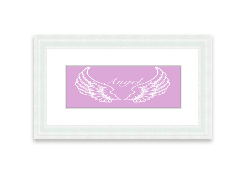 Framed print of delicate pink angel wings, elegantly designed and ready to hang.