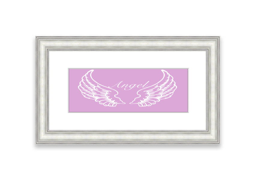 Framed print of delicate pink angel wings, elegantly designed and ready to hang.