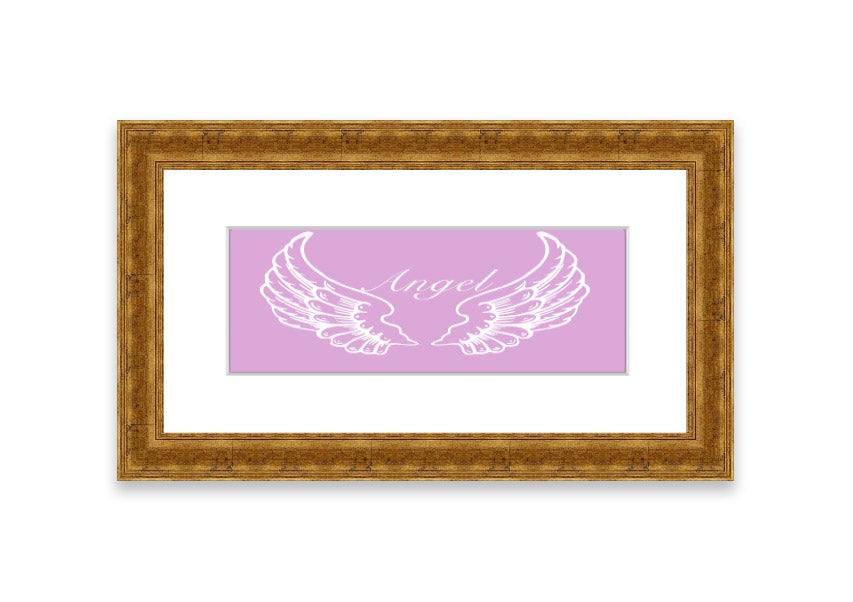 Framed print of delicate pink angel wings, elegantly designed and ready to hang.