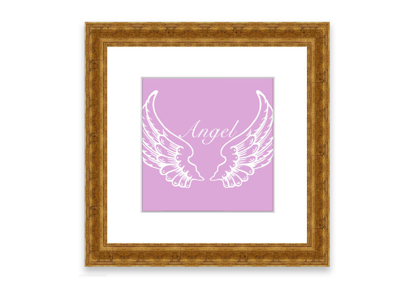 Framed print of delicate pink angel wings, elegantly designed and ready to hang.