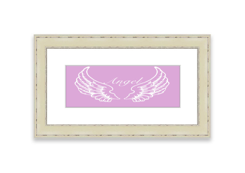 Framed print of delicate pink angel wings, elegantly designed and ready to hang.