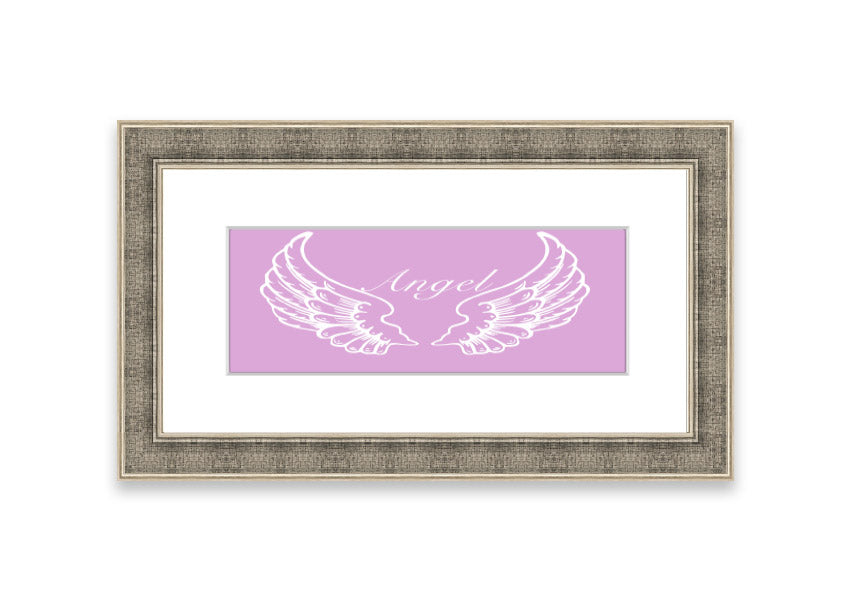 Framed print of delicate pink angel wings, elegantly designed and ready to hang.