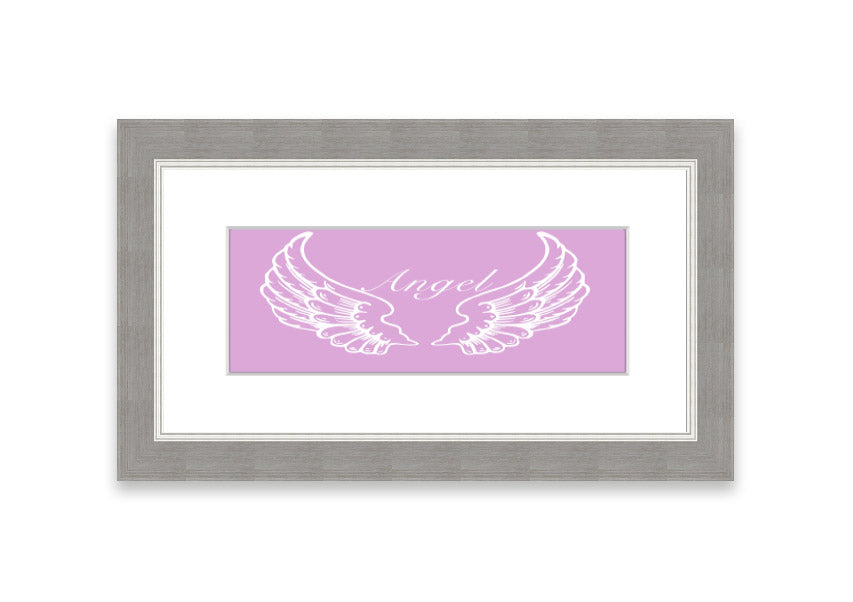 Framed print of delicate pink angel wings, elegantly designed and ready to hang.