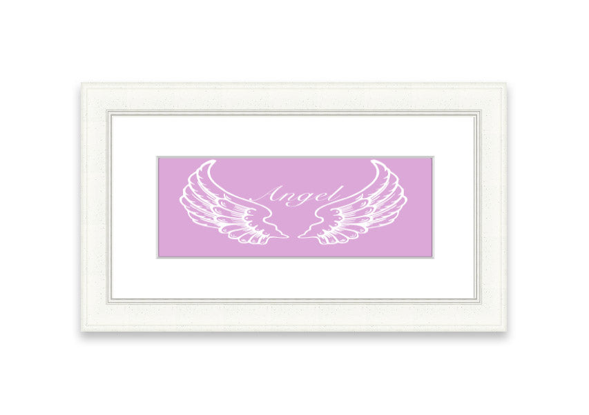 Framed print of delicate pink angel wings, elegantly designed and ready to hang.