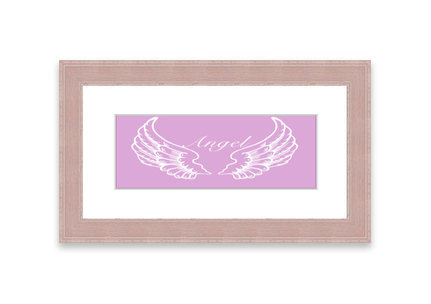 Framed print of delicate pink angel wings, elegantly designed and ready to hang.